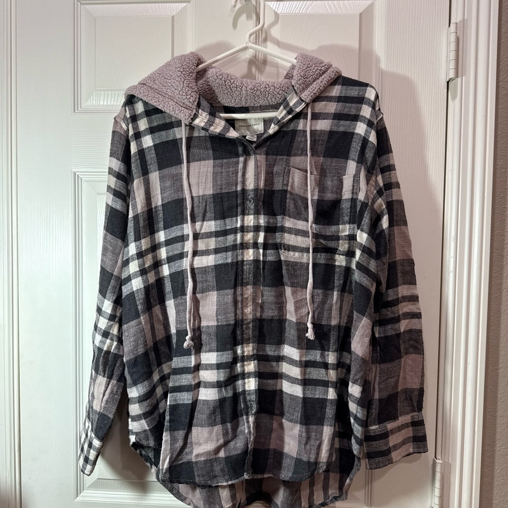 American Eagle Outfitters Black and White Checkered Hooded Shirt